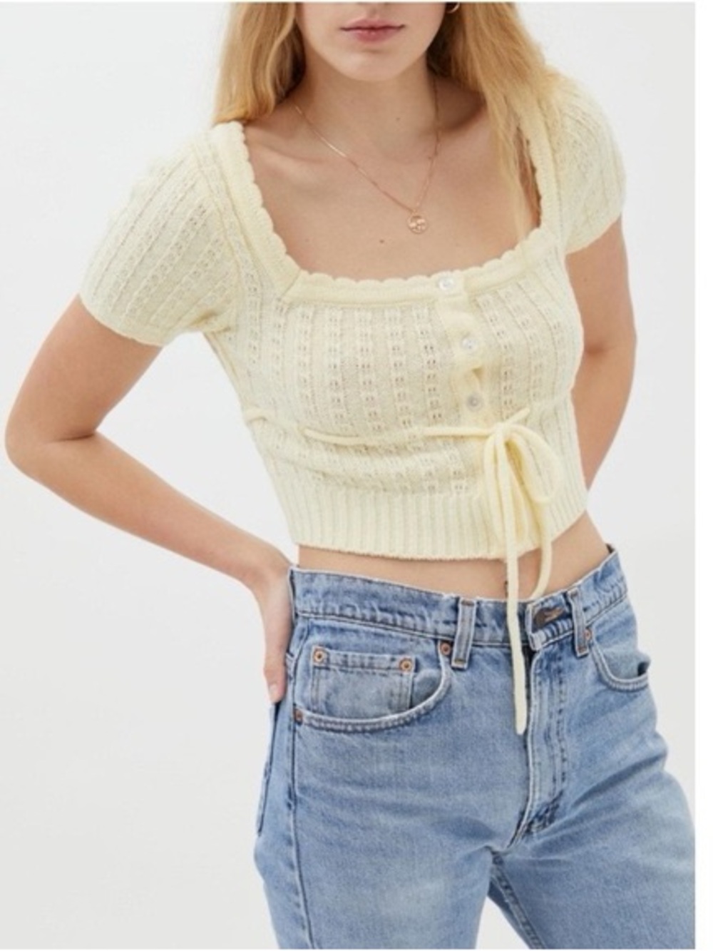 Urban outfitters Cropped Knit Tie-Front Top - Cream
